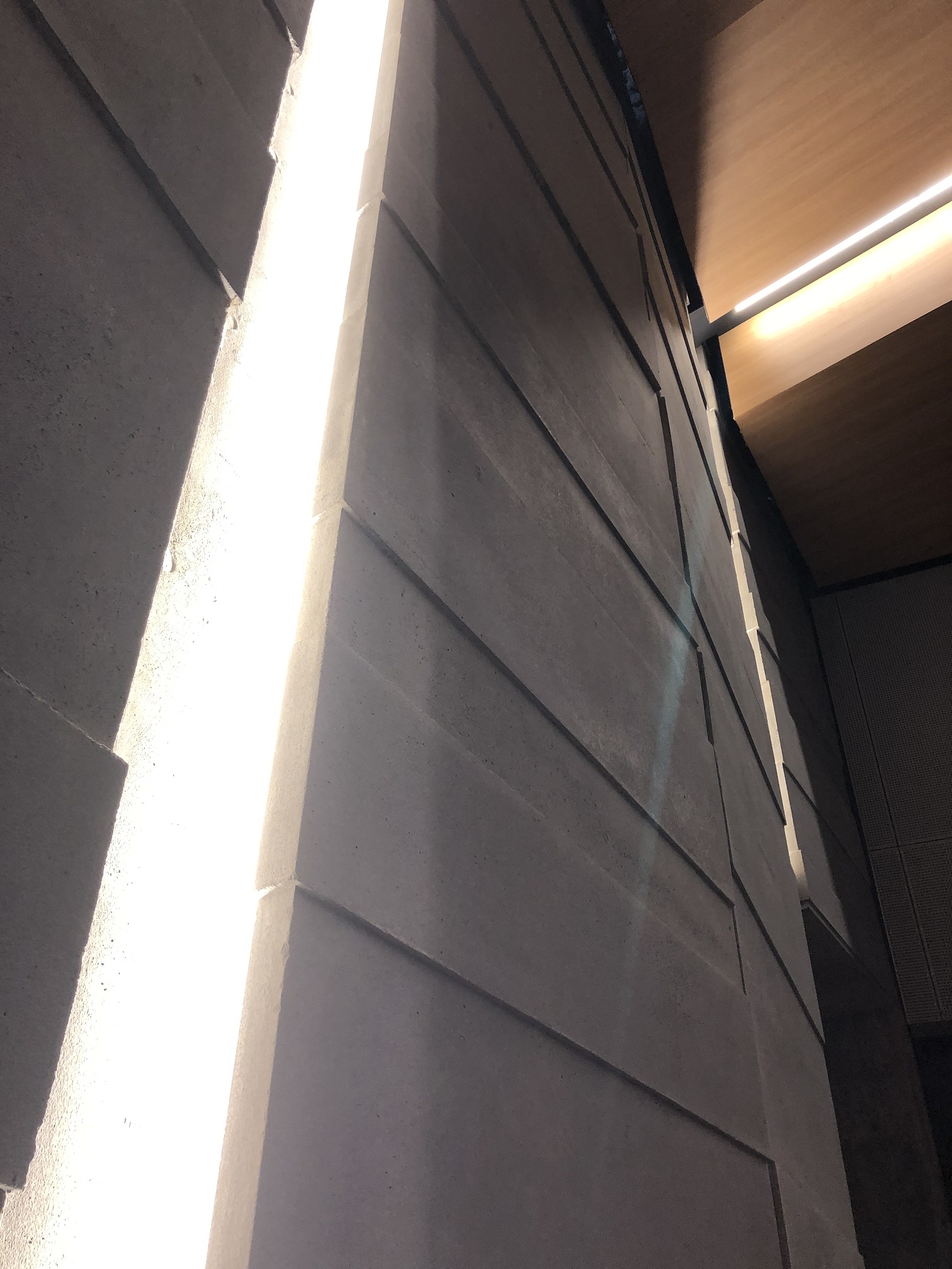 客席側壁のコンクリート壁と間接照明
