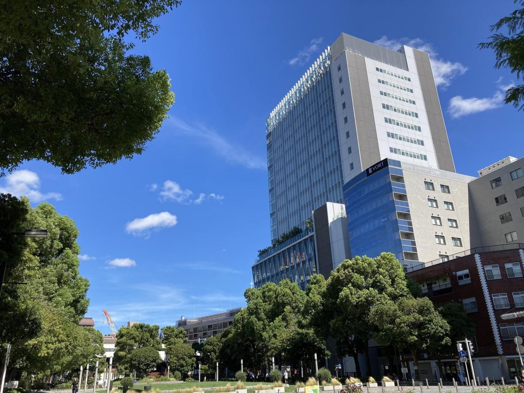 大通公園（石の広場）側から見た施設外観（奥に見える建物が旧横浜市庁舎：村野藤吾設計）